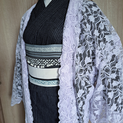レース長羽織#ラベンダー#スカラップ#洗える羽織#花模様#着物#浴衣 