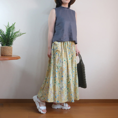 クリームイエロー 透け感涼しい 夏スカート マキシ丈 ギャザースカート