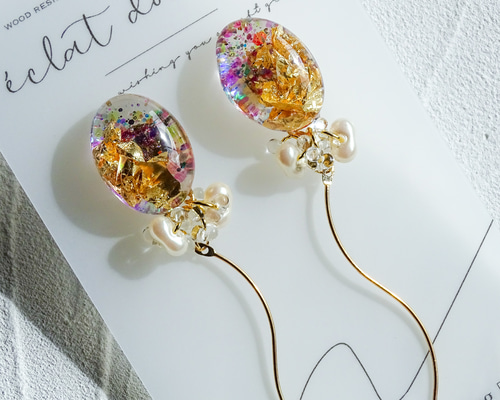 サージカルステンレス】「 Radiant balloon 」風船ピアス 金箔 クリア