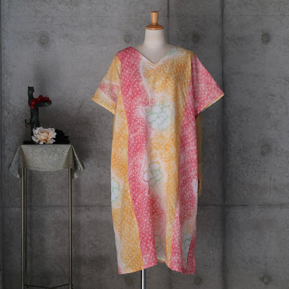 着物リメイク 有松絞りのチュニックワンピース/フリーサイズ kimono 