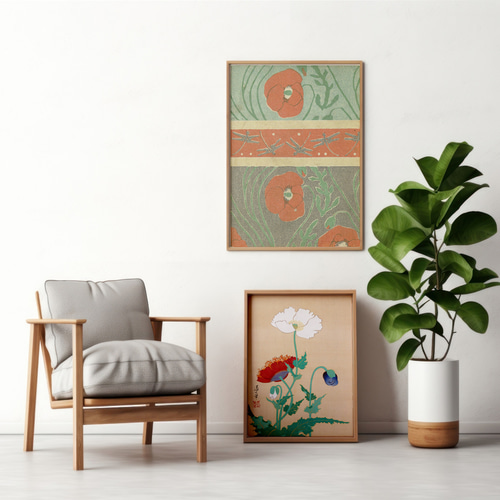 ポピーとトンボ日本画インテリアポスター☆花柄夏秋和室和モダン浮世絵