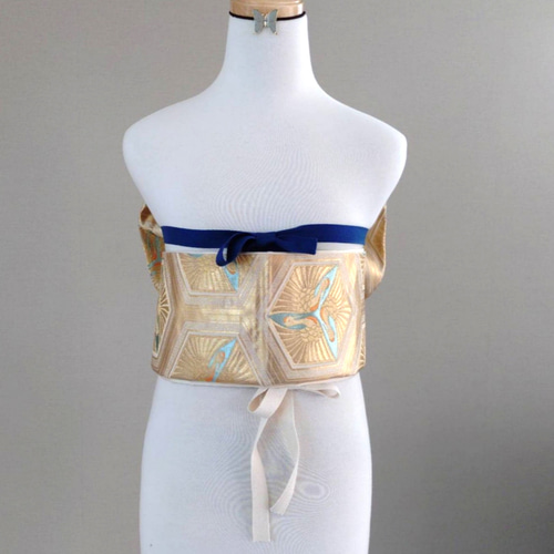 純銀箔　純銀のロゼッタ　振袖用　小柄な方にも　作り帯付け帯　胴巻〜90cm　正絹 純金箔24K シャンパンゴールドに鶴 振袖用 作り帯付け帯 胴巻き