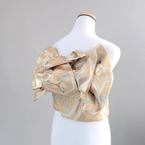 未使用　純金箔24k　二重織　振袖用　作り帯付け帯　永久の煌めき　胴巻〜90cm 純金箔24K シャンパンゴールドに鶴 振袖用 作り帯付け帯 胴巻き