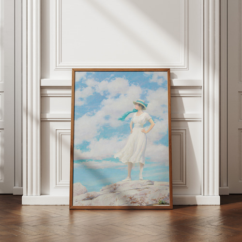 爽やかな夏の絵画インテリアポスター 海辺女性印象派マリン夏自然