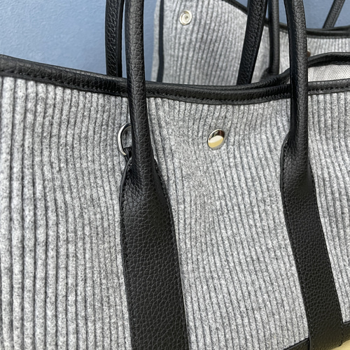 SALE 牛革×ウールプリーツトートバッグ・ライトグレー Lサイズ