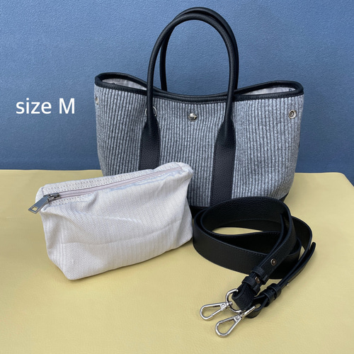 SALE 牛革×ウールプリーツトートバッグ・ライトグレー Lサイズ