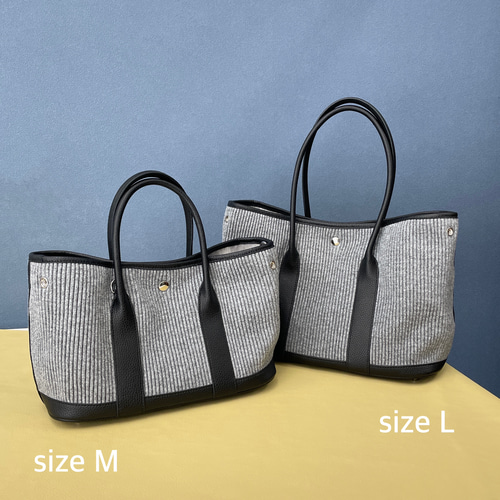 SALE 牛革×ウールプリーツトートバッグ・ライトグレー Lサイズ
