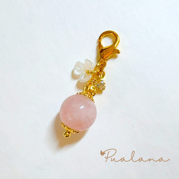 charm】ローズクォーツ お花 天然石 チャーム ストラップ 大人かわいい 