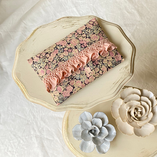 スモッキング刺繍のフリルが可愛いリバティまんまる巾着【チャイブ