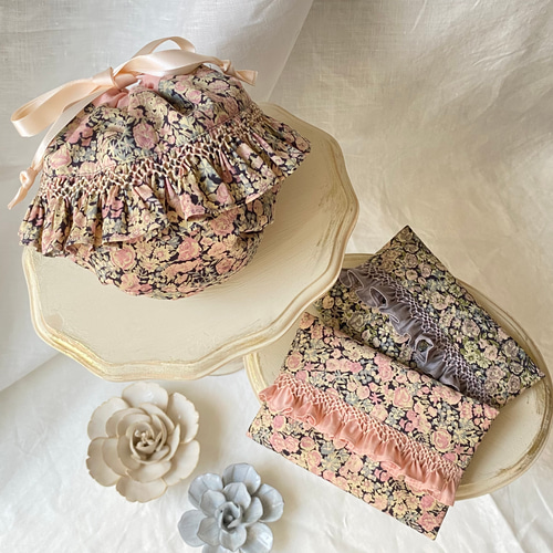 スモッキング刺繍のフリルが可愛いリバティまんまる巾着【チャイブ