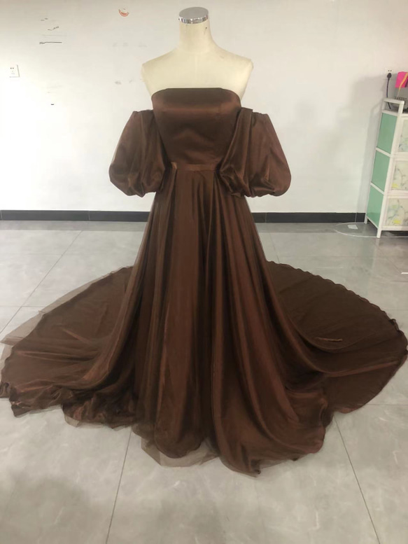カラードレス ブラウン パフスリーブ チュールスカート ロングトレーン  