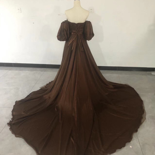 カラードレス ブラウン パフスリーブ チュールスカート ロングトレーン  