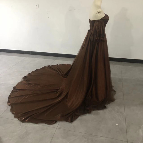 カラードレス ブラウン パフスリーブ チュールスカート ロングトレーン  