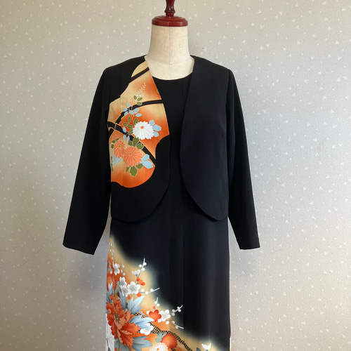 No.128 留袖ドレス ワンピースとボレロ(カーブ) M〜L11号着物リメイク