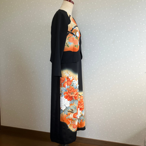 No.128 留袖ドレス ワンピースとボレロ(カーブ) M〜L11号着物リメイク