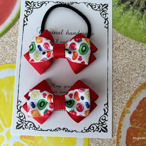 ヘアゴム　ベビーヘアクリップ　フルーツリボン　１〜３ ヘアゴム ベビーヘアクリップ フルーツリボン 1〜3 オレンジ リボン