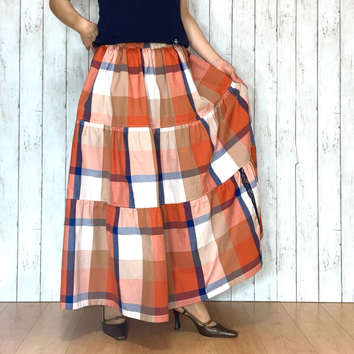 受注作品＊播州織オレンジチェックのティアードスカートby花織［Y2454
