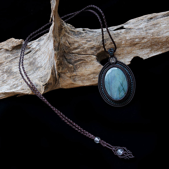 ラブラドライト天然石マクラメネックレスmac394エスニックアジアンエキゾチックなアレルギーフリーの大振りアクセサリー 5枚目の画像