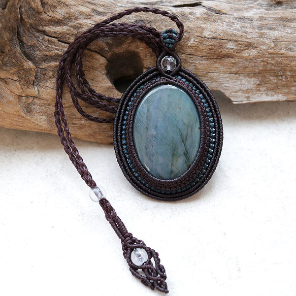 ラブラドライト天然石マクラメネックレスmac394エスニックアジアンエキゾチックなアレルギーフリーの大振りアクセサリー 9枚目の画像