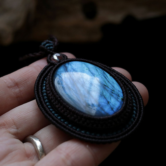 ラブラドライト天然石マクラメネックレスmac394エスニックアジアンエキゾチックなアレルギーフリーの大振りアクセサリー 13枚目の画像