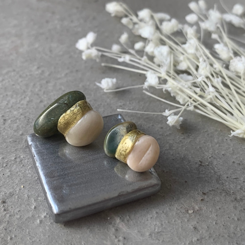 No.14【翡翠】天然石×金継ぎピアス ピアス（スタッド・一粒  