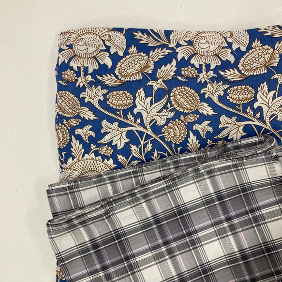 インド綿の浴衣　ブルーｘ白茶ボタニカル 