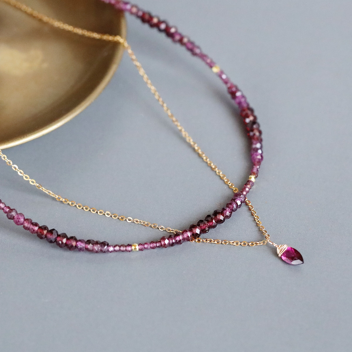 極上カット！ロードライトガーネット 秋色グラデーションネックレスセット｜選べる金具 SUS316 14Kgf