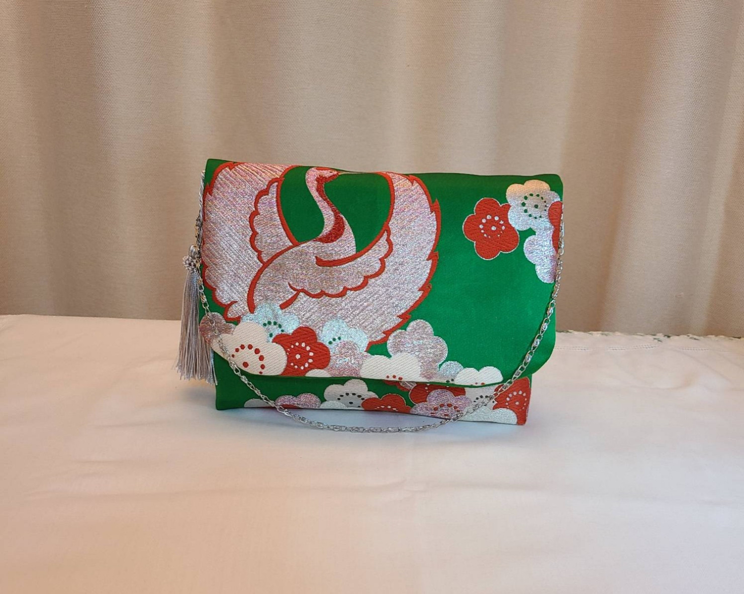 鶴柄和風模様シルク着物帯の2waysクラッチバッグ 