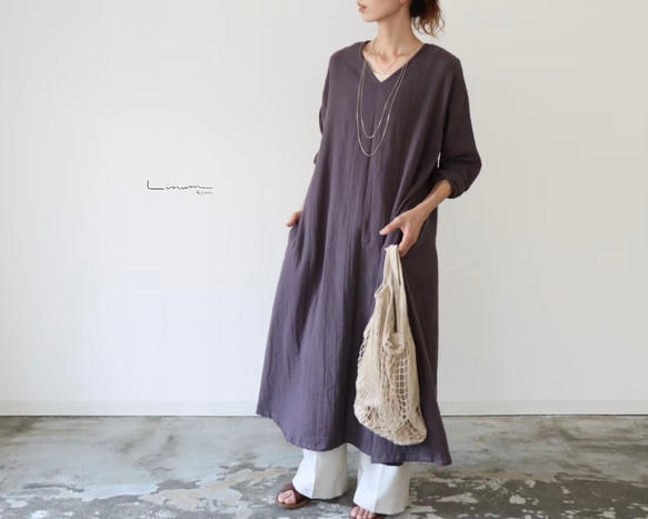 ふわふわ厚みが2倍／ゆったりリラックスワンピース／厚手ダブルガーゼワンピース／オーバーサイズ／ルームウェア／チャコール 1枚目の画像
