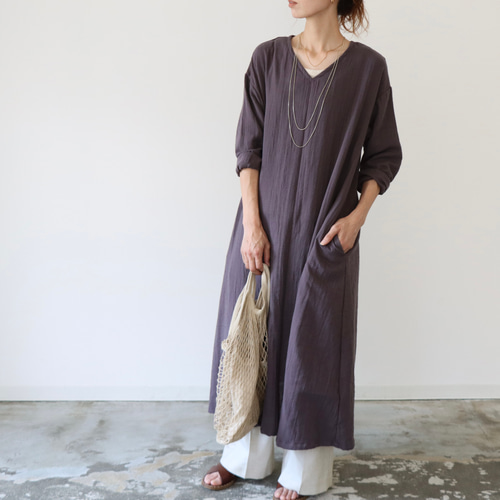 美品 ロワズィール 綿 コットンガーゼ ワンピース タック ゆったりめ グレー ふわふわ厚みが2倍／ゆったりリラックスワンピース／厚手ダブルガーゼ