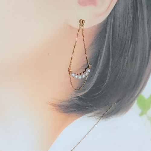 ⭐️K18 扇形 真珠 チェーン ピアス イヤリング シンプル 華やか 保証  