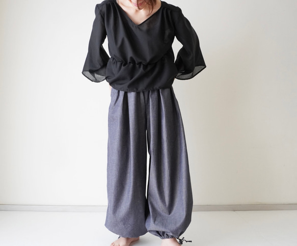 relaxing・2wayデニムパンツ　ワイドマキシ/バルーン・アラジンパンツ　cotton/flax 2枚目の画像