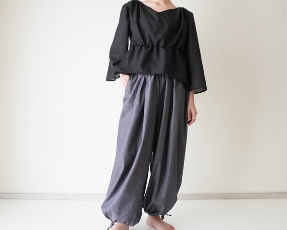 relaxing・2wayデニムパンツ　ワイドマキシ/バルーン・アラジンパンツ　cotton/flax 1枚目の画像