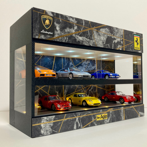 ay⭐︎⭐︎＊・みかげ石基調・ディスプレーBOX・ネオジオラマ 1/64、14台可・光沢チェッカー柄2色LED・ディスプレーBOX/ネオ