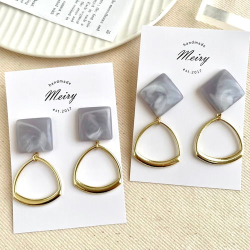 再販*ハンドメイド* ゴールドクリア マーブルスクエア クリップ イヤリング