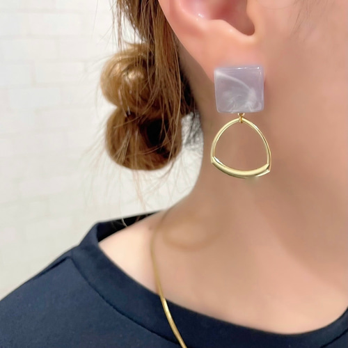 再販*ハンドメイド* ゴールドクリア マーブルスクエア クリップ イヤリング