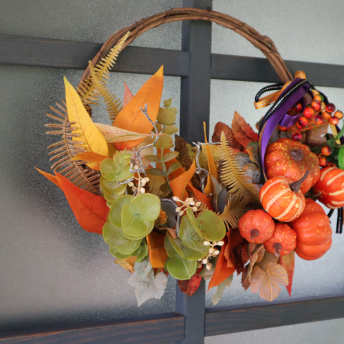 完売【特集掲載】2way 大人ハロウィン秋リース・ごろごろパンプキン