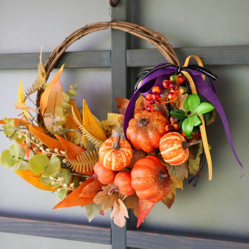 完売【特集掲載】2way 大人ハロウィン秋リース・ごろごろパンプキン