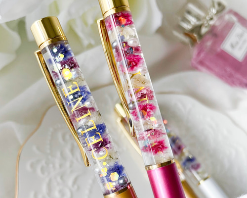 N992 / カスタムタッチペン＆ボールペン お高級ジュエリー素材お花 リボン 名入れ可能】お花ボールペン 3色 0.38or0.5mm/フリクション/ハー