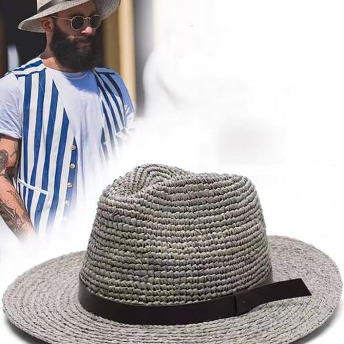 ラフィアハット、中折れ帽子男性、レトロ、パナマ帽、フェドーラ帽
