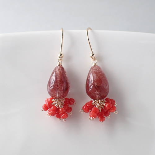 14kgf＊コッパールチルクォーツと小粒珊瑚＊ピアス ピアス（フック  