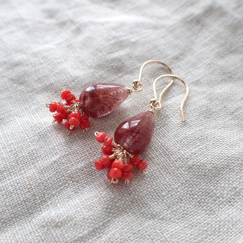 14kgf＊コッパールチルクォーツと小粒珊瑚＊ピアス ピアス（フック  