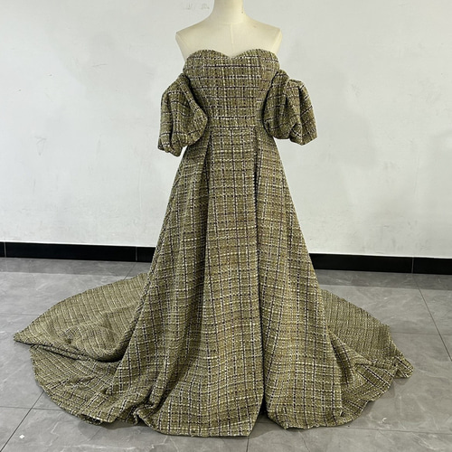 ブラウンカラードレス ベアトップ パフスリーブ トレーン 姫袖  