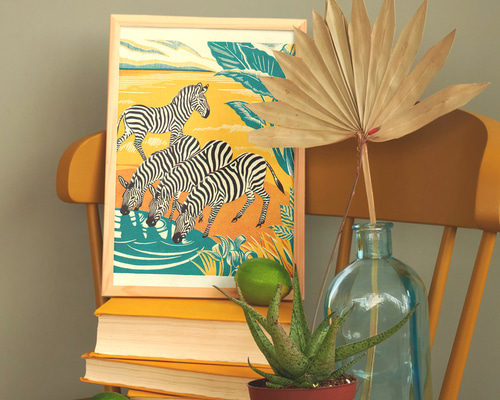 しまうまのイラストアートポスター☆アフリカサファリ動物園レトロ