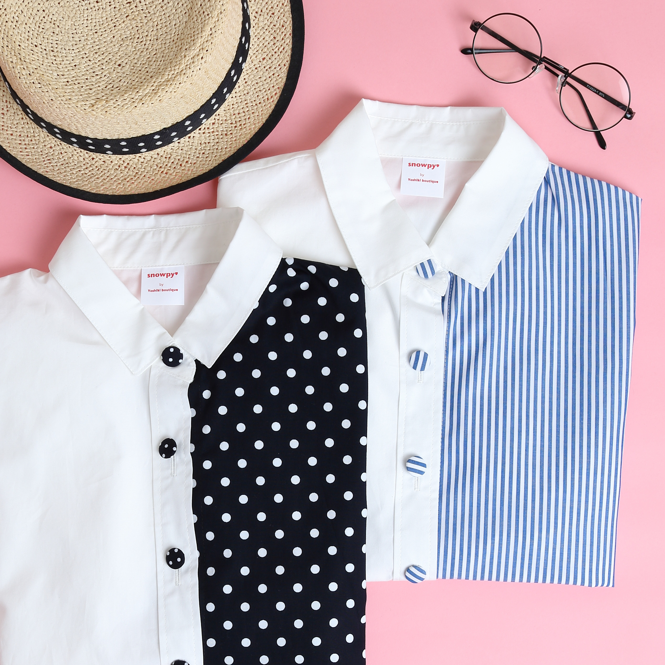 ネイビー水玉mixシャツ♡しろ