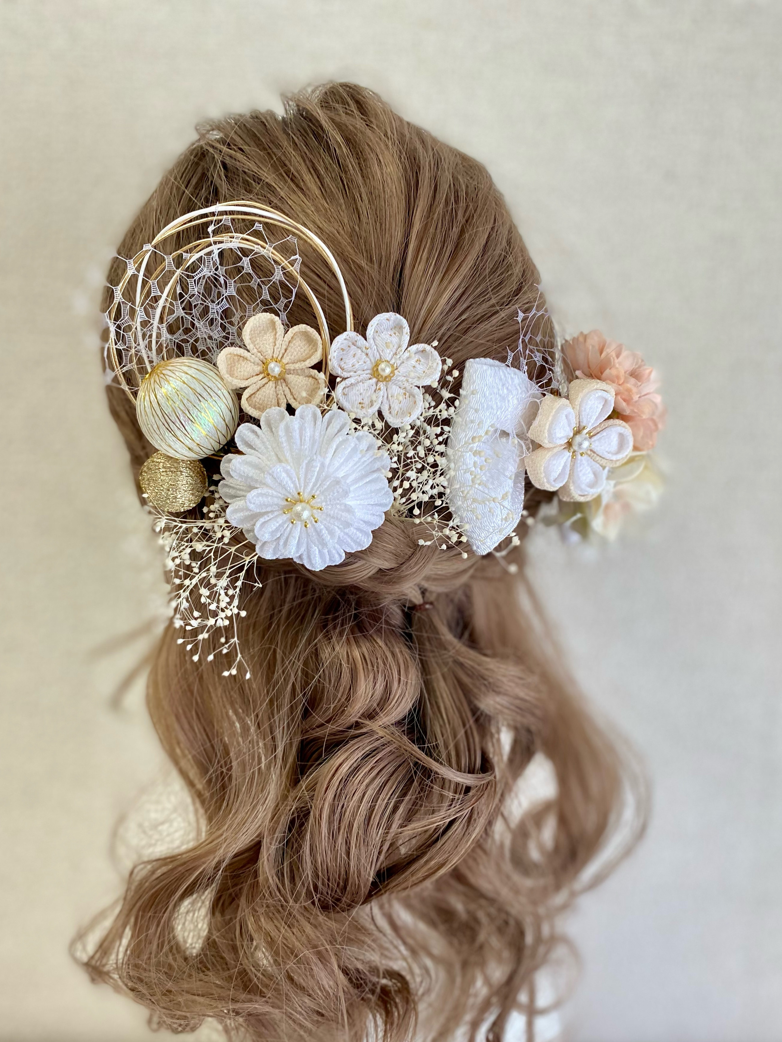 成人式　髪飾り　和装　ホワイト×アイボリー　つまみ細工　水引　りぼん　 卒業式　結婚式 5,372円