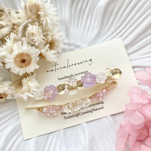 ピンクパープルのお花ヘアクリップ＆ヘアピンセット【gold】 ヘア