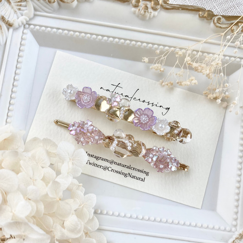 ピンクパープルのお花ヘアクリップ＆ヘアピンセット【gold】 ヘア
