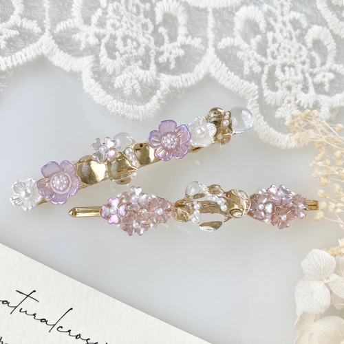 ピンクパープルのお花ヘアクリップ＆ヘアピンセット【gold】 ヘア