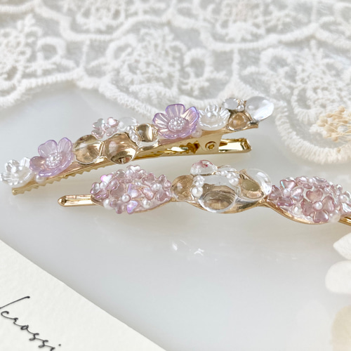 ピンクパープルのお花ヘアクリップ＆ヘアピンセット【gold】 ヘア